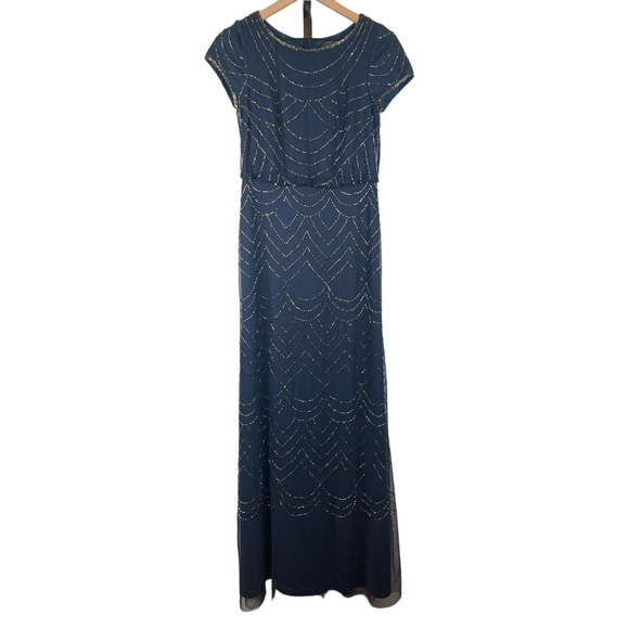 Adrianna Papell Short Sleeve Beaded Blouson Gown in Navy - Picture 8 of 16